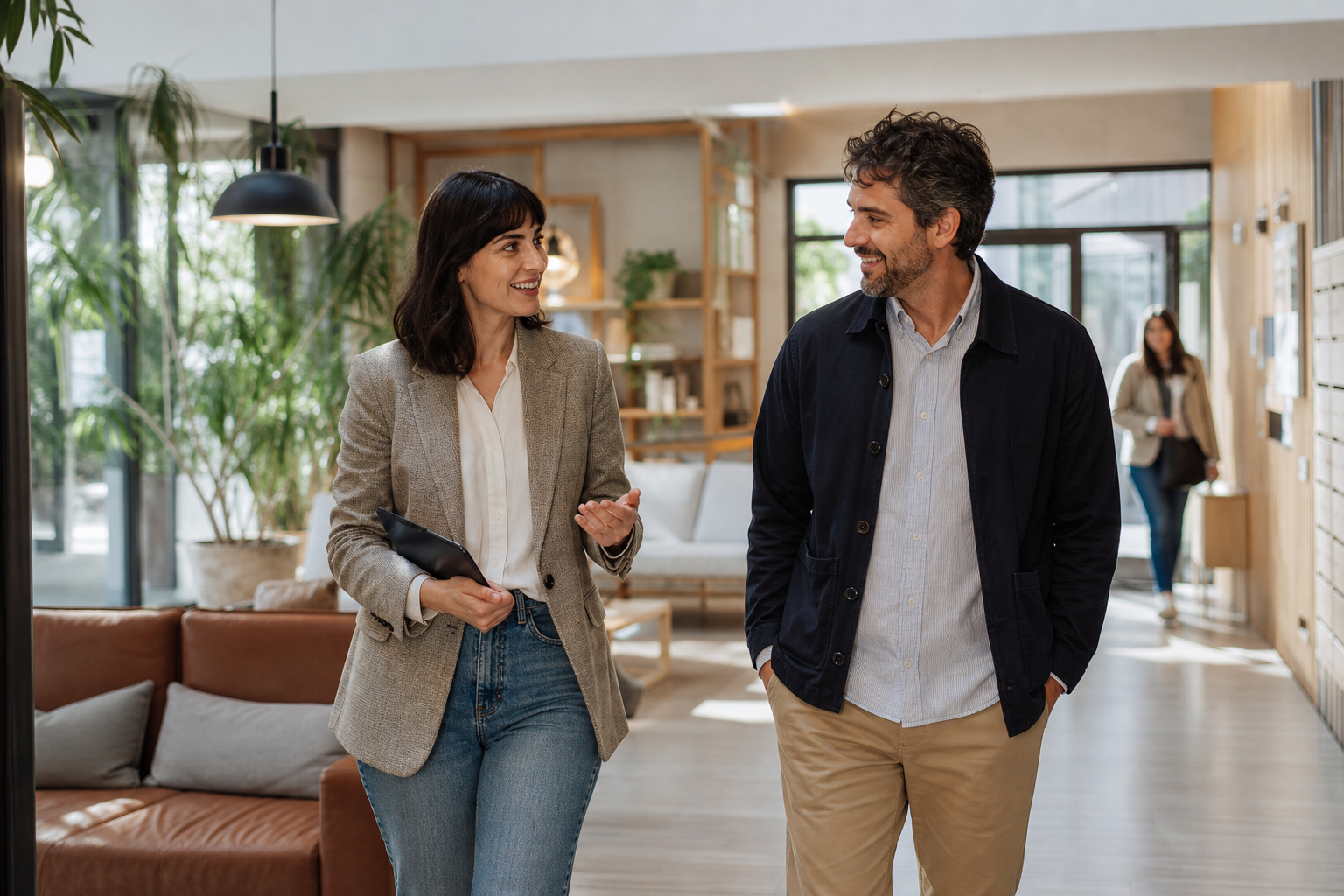 A property-management-platform product lead and rental operator walking through a residential community space