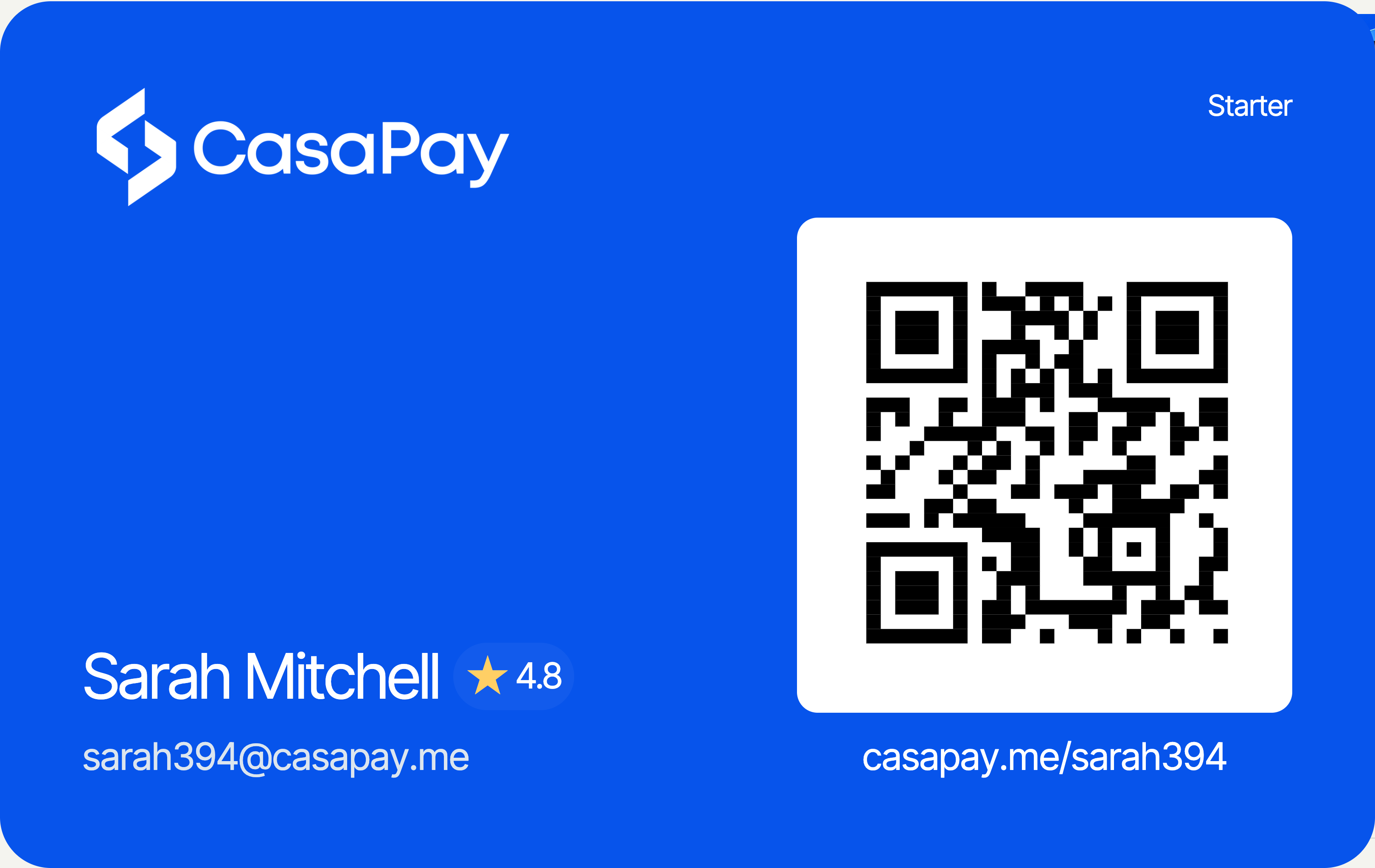 Example member Sarah Mitchell, rating 4.8, public profile casapay.me/sarah394