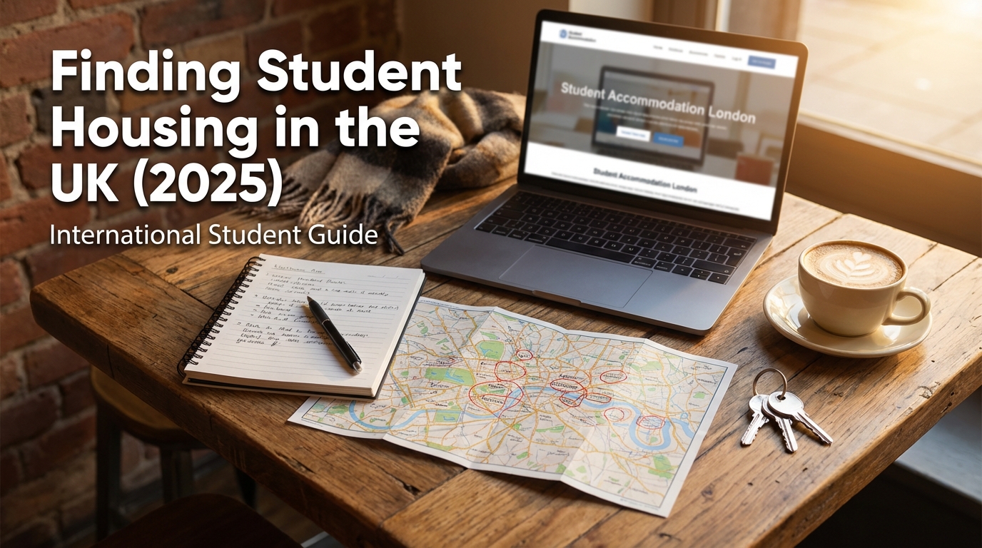 International student housing search with abstract geometric shapes representing accommodation options